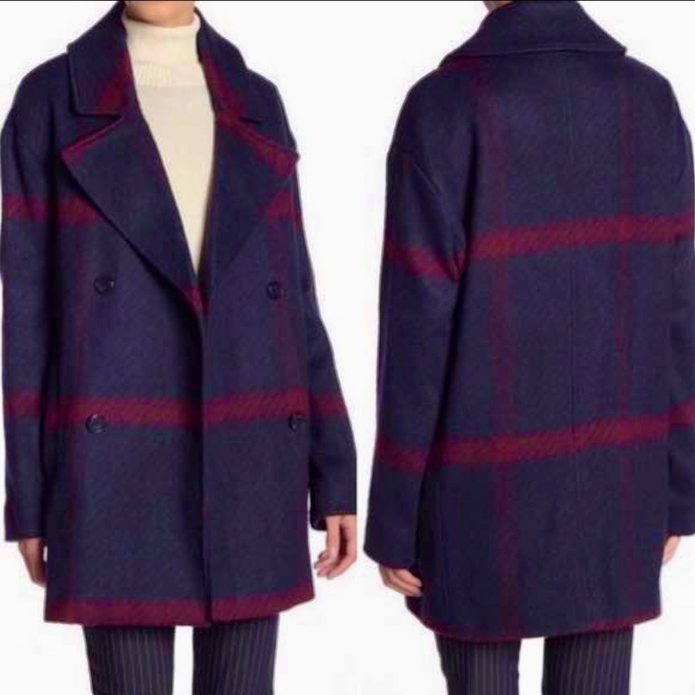 Women's  Tommy Hilfiger Navy & Burgundy Plaid Double-Breasted Coat